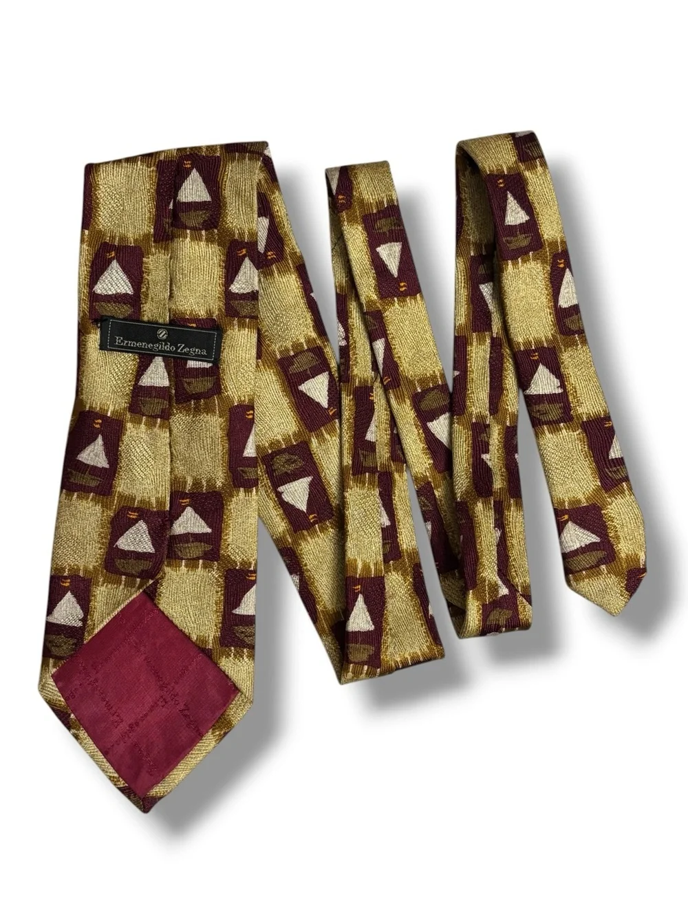ERMENEGILDO ZENGA Yellow, Tan, & Red Silk Square Pattern Sailboats Tie VINTAGE